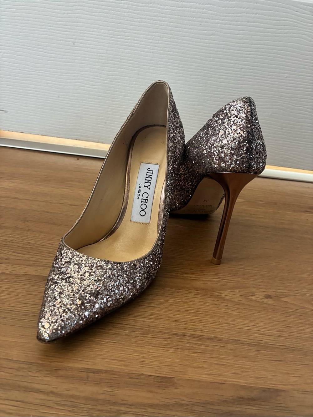 Jimmy Choo Rose Gold Glitter Pointed Toe Stiletto Pumps